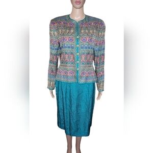 Vintage Adrianna Papell women's multi geometric print silk 2 piece skirt suit 10